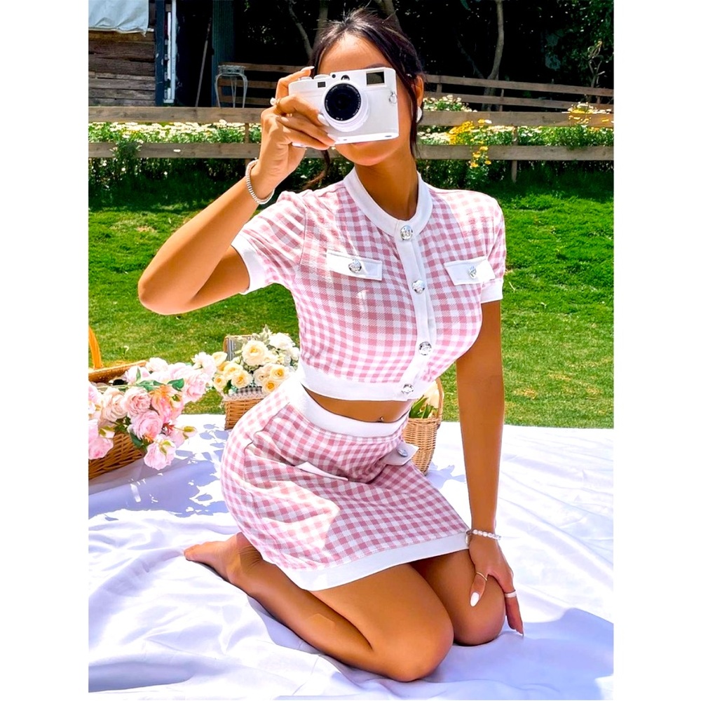 Barbie 2 piece set Pink Gingham Top & Mini Skirt Plazacore Bodycon Halloween